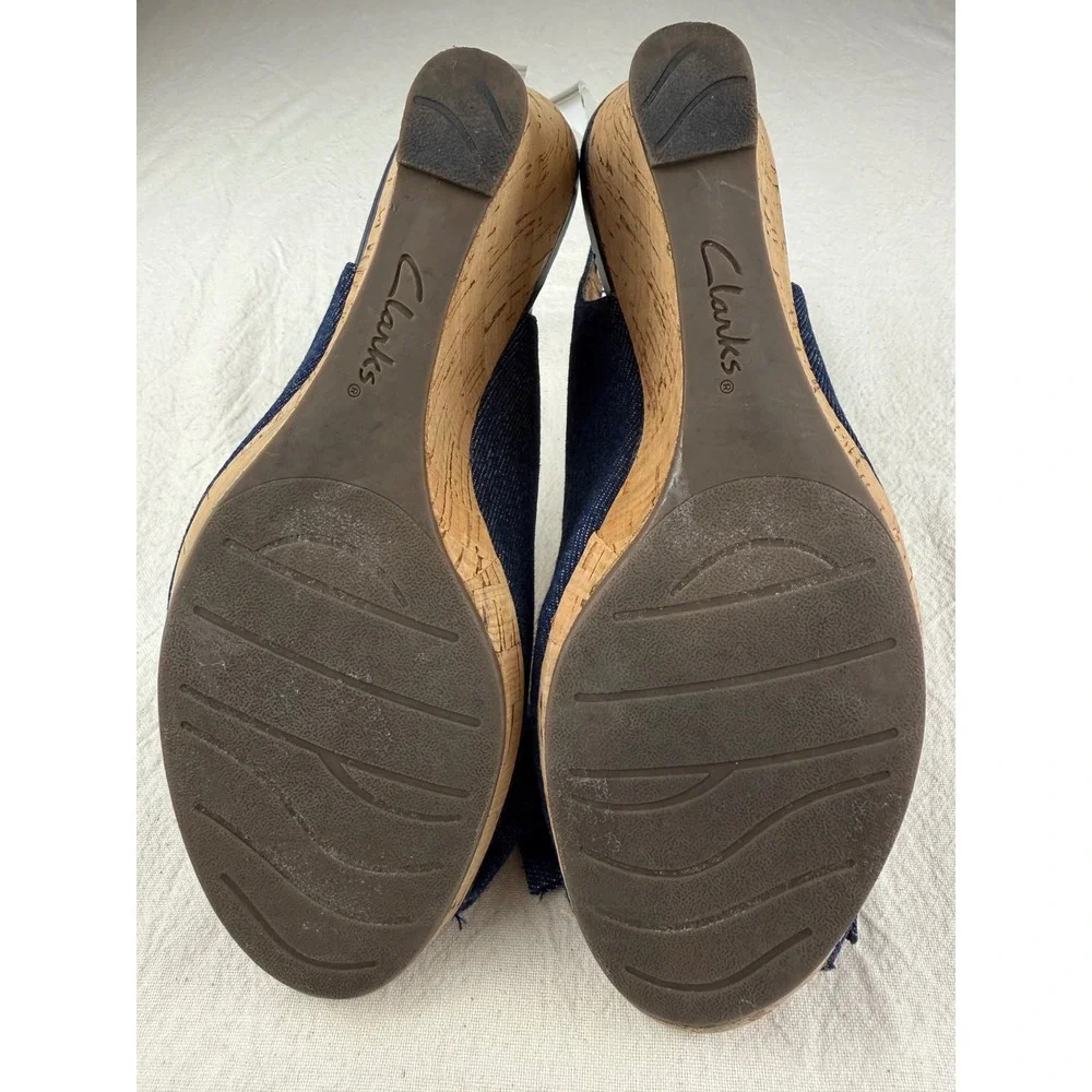 Clarks Slingback Wedges Womens 9M Blue Good Condition Denim Bow Peep Toe 60705